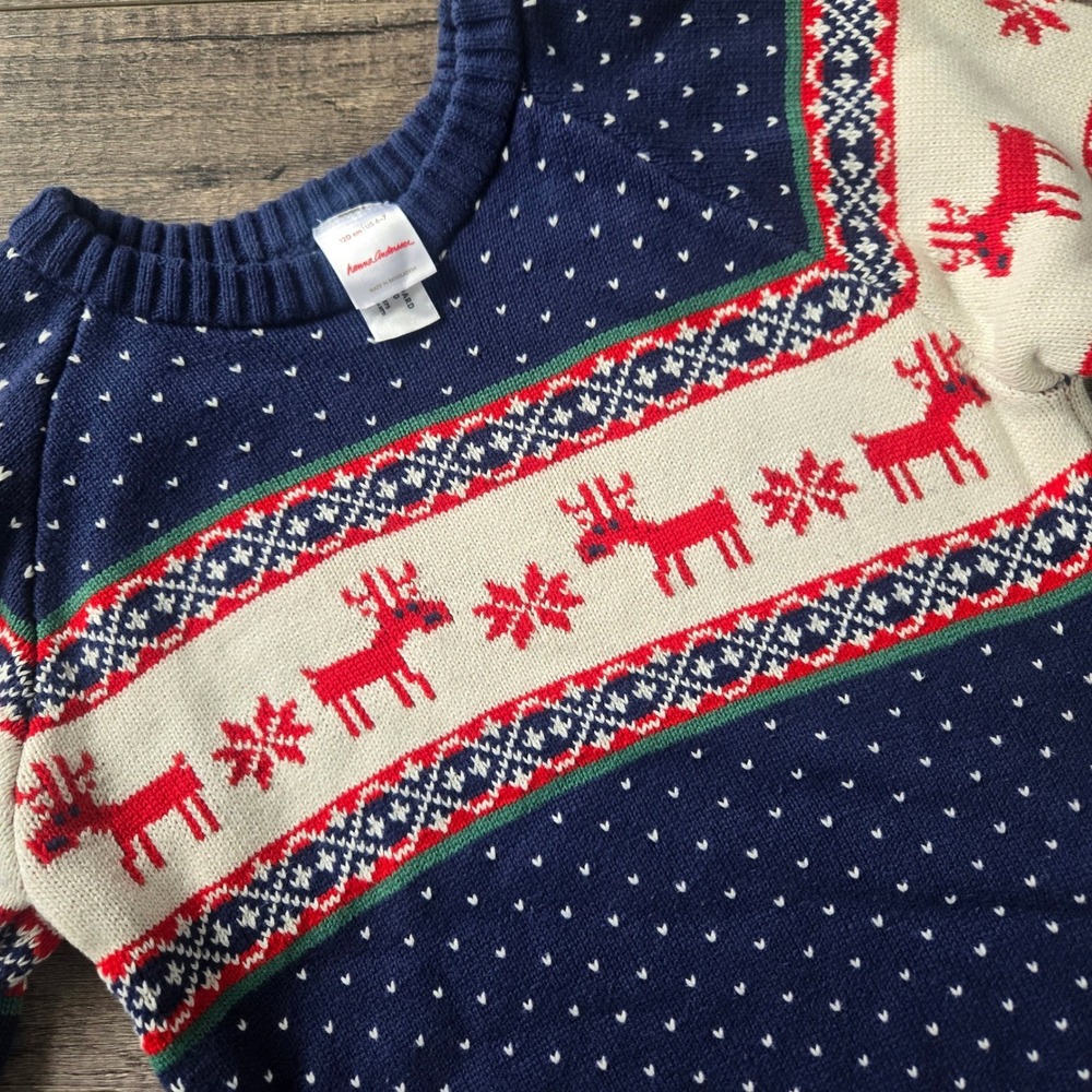 Hanna Andersson Kids Navy Blue Reindeer Fair Isle Cotton Sweater Size 6-7 120cm